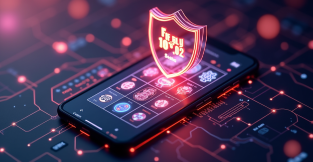 A shield protecting a smartphone displaying a slot machine game